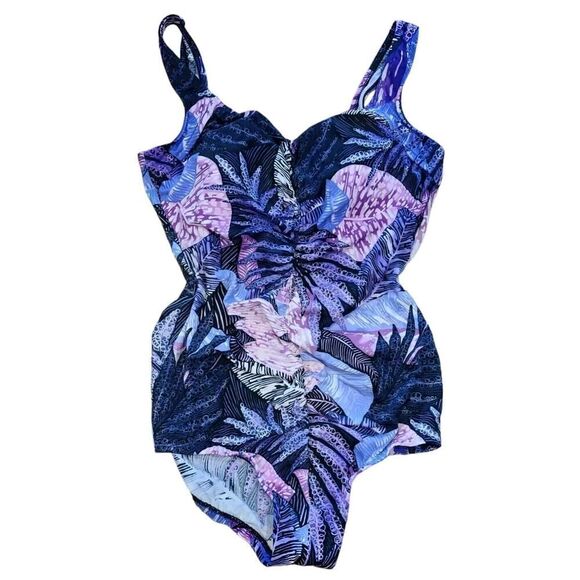 Maxine of Hollywood AZUL Women's PURPLE PRINT Ruched One-Piece Swimsuit | 16 EUC - Picture 1 of 11